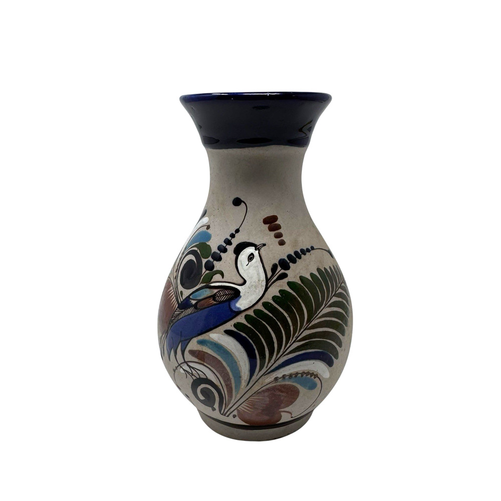 Vintage Tonala Mexican Pottery Vase Bird Floral Design Signed Folk Art 6.5” EUC